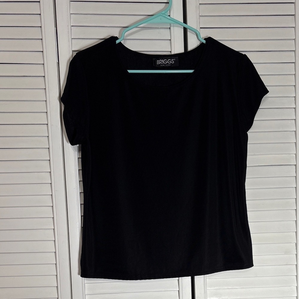 Briggs New York Womens Short Sleeve Scoop Neck Top Solid Black Casual Blouse